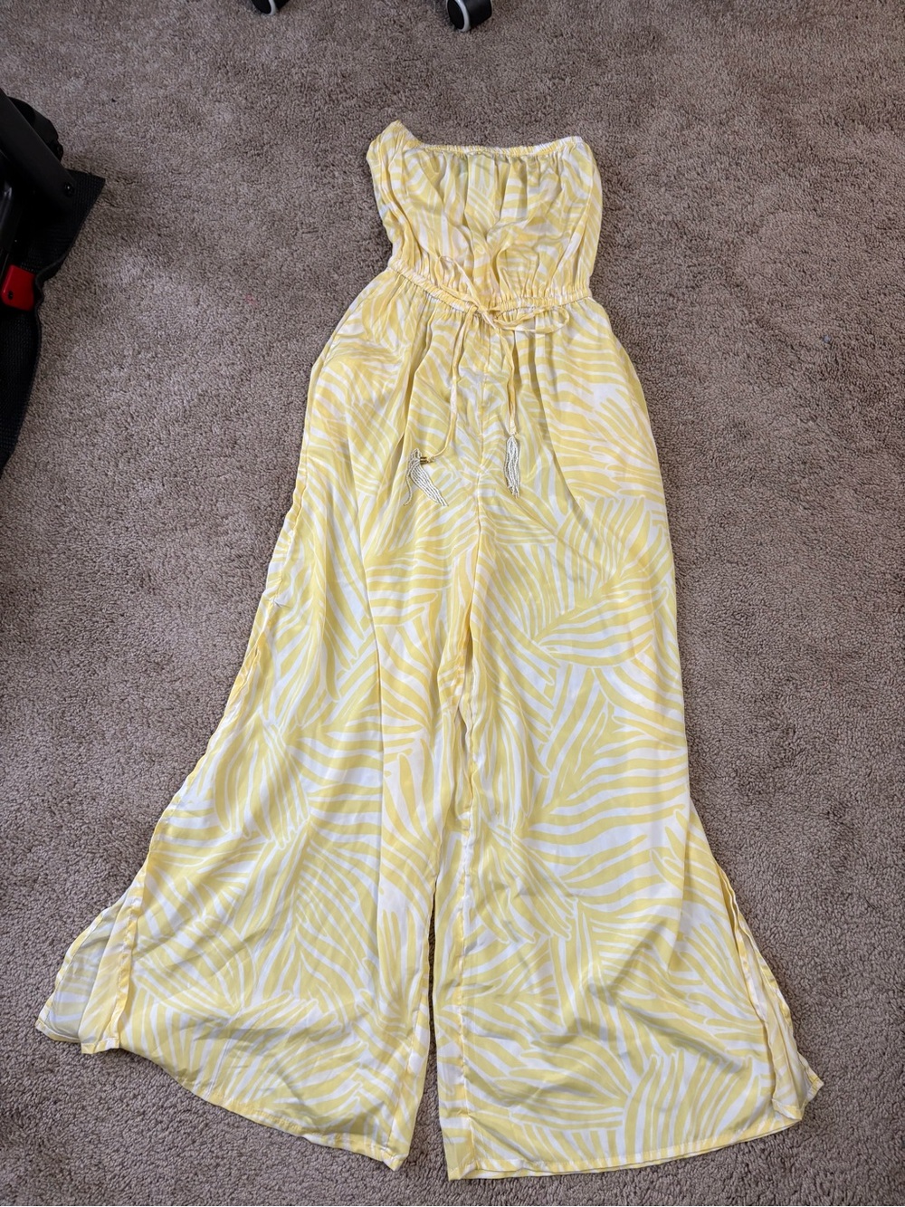Yellow Printed Strapless Wide-Leg Jumpsuit with Drawstring Waist